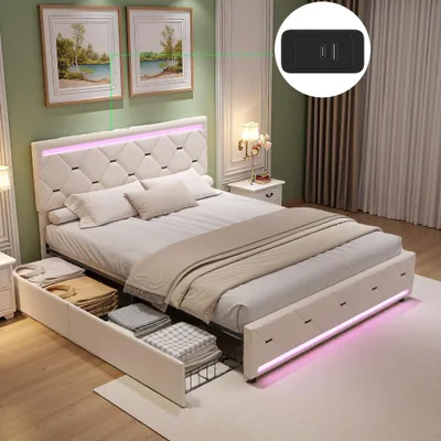 Produktbild von INONEFT Polsterbett 140x190cm mit 4 Schubladen, Doppelbett mit LED Licht und USB, Bettgestel mit Lattenrost, Funktionsbett, Schlafzimmer, Samt, Beige