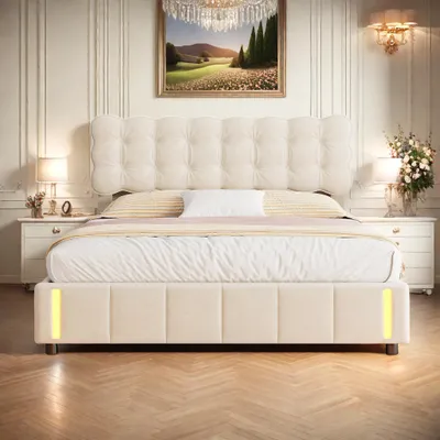 Produktbild von Beigefarbenes Samt-Doppelbett 160x200cm mit hydraulischem Stauraum und sensorischer Leselampe am Fußende, modern und hell, komfortabel
