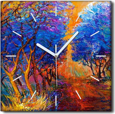 Produktbild von Coloray Uhr auf Leinwand 30x30 cm Wand Uhr Dekoration Wohnzimmer Segeltuch weiße Zeiger -Herbstwaldlandschaft.