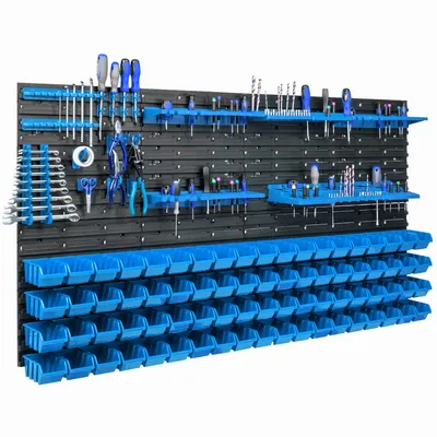 Obrázek produktu pro 76 stohovacích boxů Nástěnná police Plastový držák na nářadí 154 x 78 cm Dílenský skladovací systém Garážový úložný systém Pohledové úložné boxy Žlab