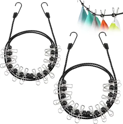Produktbild von COM-FOUR® 2X Reisewäscheleine - 180-350 cm je Leine- Camping Wäscheleine mit reflektierendem Spanngummi - Wäscheleine mit je 12 Metall Klammern - mobile Wäscheleine mit Haken