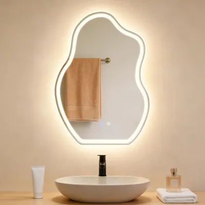 Zdjęcie produktu dla Lustro łazienkowe ZMH z oświetleniem, asymetryczne, LED, 50 x 70 cm, lustro ścienne, przełącznik dotykowy, funkcja odmgławiania, światło 3000 K i 6500 K, z regulacją jasności