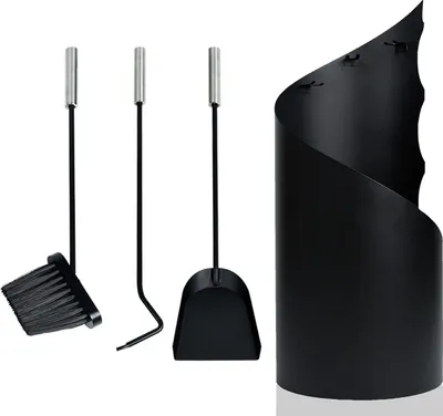 Produktbild von YUENFONG Kaminbesteck Modern 4 teilige Kamingarnitur inkl.Schaufel, Besen, Schürhaken und Halter, Ofenbesteck, schwarz, 56x22x22 cm