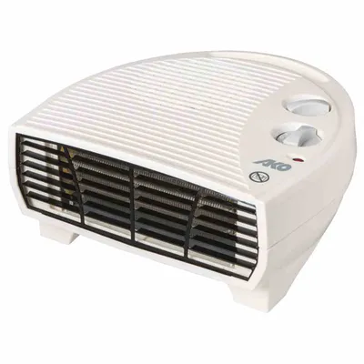 A white electric fan heater with black grilles and controls, set against a white background.