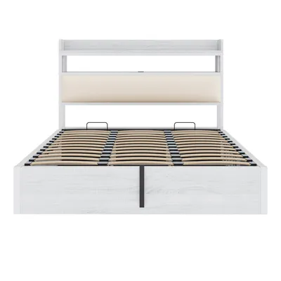 Produktbild von Flieks Jugendbett 180x200cm mit USB, Doppelbett Metallbett mit Stauraum, Hydraulisches Metallbett Klassisches Bett Stauraumbett, Weiß