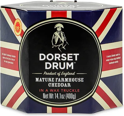 Produktbild von Food-United ENGLISH FARMHOUSE Cheddar Cheese DOP 400g Dorset Drum mature cheddar cheese 12 Monate gereift englischer Hartkäse passt zu Käseplatte mac-n-cheese mixed pickles Gurken Wein Nüssen Pflaumen Trauben