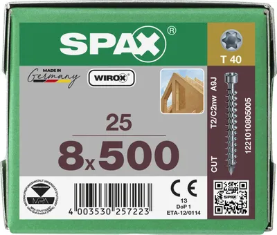Productafbeelding van SPAX® 1221010805005 SPAX® Holzbauschrauben T40 Zylinderkopf WIROX 1221010805005 8 mm x 500 mm, 25 St.