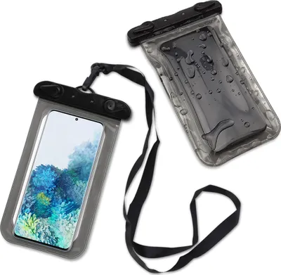 Two waterproof phone pouches, one with a phone inside displaying a colorful wallpaper, and another empty pouch with water droplets on it.