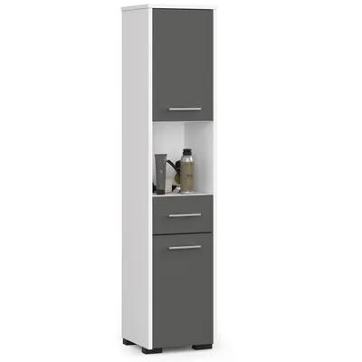 Produktbild von Badezimmerschränk AKORD FIN Hochschrank B30 x H140 x T30 cm Gewicht 25 kg 2 Ablagen mit Türen (je oben und unten) 1 Schublade 1 offenes Fach als Hängeschrank für Wandmontage geeignet Farbe: Weiß Dunkelgrau
