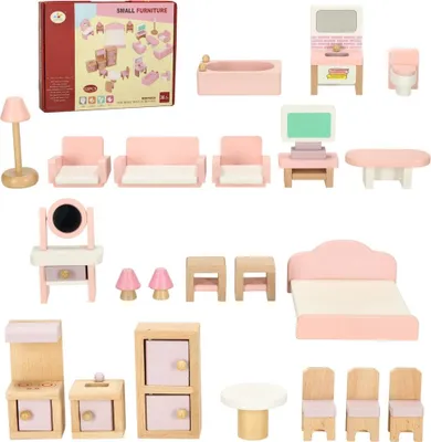 A collection of miniature dollhouse furniture items arranged on a white background.