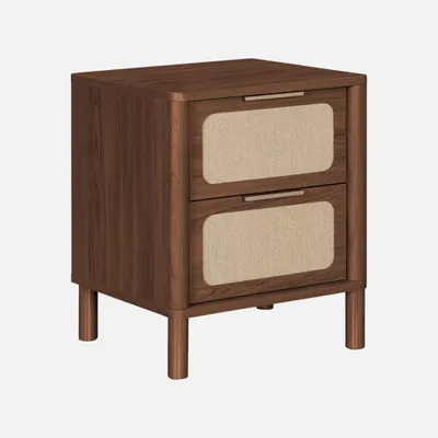 Immagine prodotto di Comodino vintage decorazione legno e paglia di Vienna, 2 cassetti, Noce