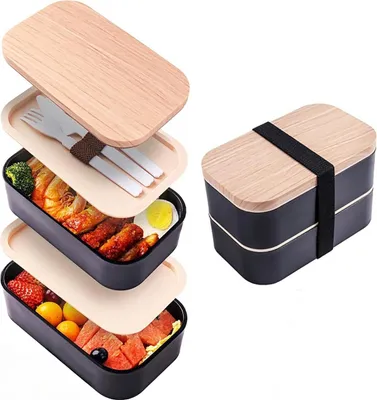 Produktbild von Japanische Lunchbox mit Doppel-Bambusdeckel, mikrowellengeeignet, Lunchbox aus Kunststoff