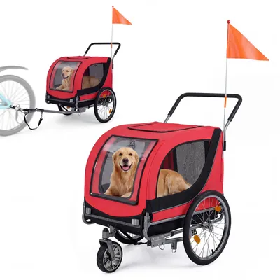 Imagen del producto de COSTWAY, remolque para perros 2 en 1, remolque plegable para bicicleta con enganche, ruedas delanteras giratorias y 2 neumáticos inflables, capaz de transportar perros de hasta 80 kg