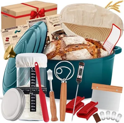 Imagen del producto de Olla de hierro fundido para hornear pan, 26 cm, con esmalte, olla para estofar con tapa, molde para pan con banneton, cesta para fermentar pan, accesorios para hacer pan de masa madre, olla para hornear pan 2 en 1 con sartén y tapa, para cocinar