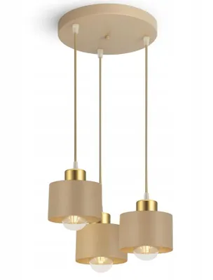 A beige and gold pendant light fixture with three lamps hanging from a circular base.