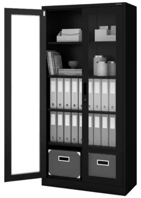 Produktbild von Vitrinenschrank abschließbar AMELIA Glastüren 5 Ebenen | Büroschrank aus Stahl Aktenschrank mit Glasfenster Metallschrank Mehrzweckschrank 185x90x40cm Schwarz
