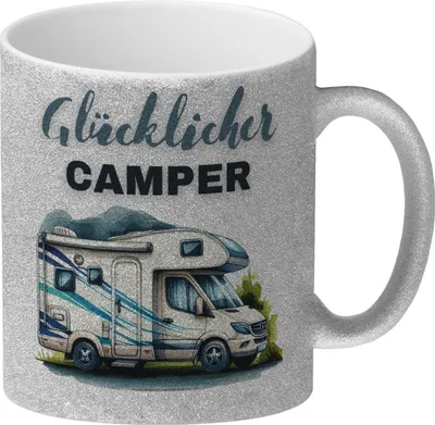 Produktbild von Wohnmobil Glitzer-Kaffeebecher mit Spruch Glücklicher Camper