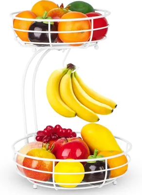 Immagine prodotto di Cestino per frutta in metallo a due livelli con portabanane - Portaoggetti da cucina bianco, removibile