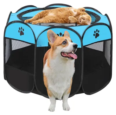 Immagine prodotto di Recinto portatile per cuccioli, recinto per cani pieghevole, gabbia per gatti, tessuto Oxford impermeabile, colore blu, dimensioni 74 x 74 x 43 cm