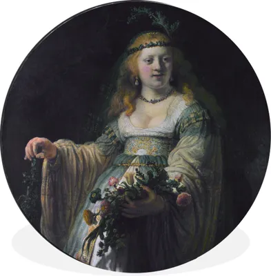 Produktbild von MuchoWow® Aluminium Wandkreis Saskia von Uylenburgh - Gemälde von Rembrandt van Rijn Ø 90 cm Wanddeko Modern Wohnzimmer - Mauerkreis - Wandbilder - Runde Bild - Bild aus Aluminium - Schlafzimmer - Wohnzimmerdekoration - Wand Dekoration