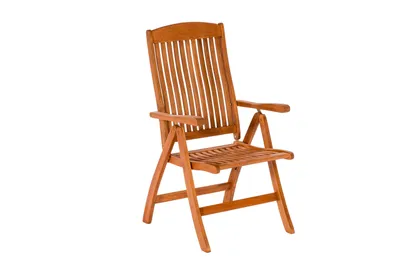 A single wooden folding chair is shown against a white background.