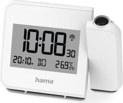 A white digital projection alarm clock with a display showing the time, date, and temperature.