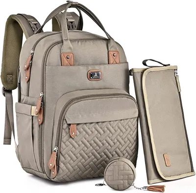 Produktbild von Wickelrucksack für unterwegs, mit Wickelunterlage, Schnullerhalter, Kinderwagengurte, Khaki, 42x30x20 cm