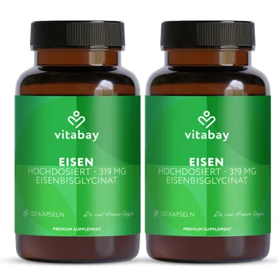 Produktbild von Vitabay Eisen 319 mg - 240 vegane Kapseln mit Eisenbisglycinat - 2er Pack - Hochdosiertes Eisenpräparat - Vorrat für 8 Monate