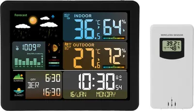 Obrázok produktu pre Bezdrôtová meteostanica s farebným displejom digitálna teplota vlhkosť fáza mesiaca predpoveď pre vnútorné a vonkajšie použitie