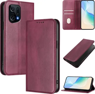 Obrázek produktu pro Pouzdro pro Oppo Find X5, vintage kožené pouzdro s RFID ochranou, přihrádkami na karty, stojánkem Červený