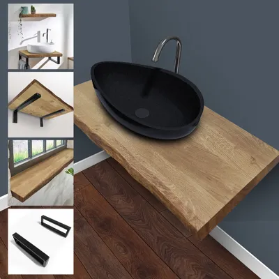 A collage of images showing bathroom fixtures and wood elements, with a main image of a black sink on a wooden countertop.