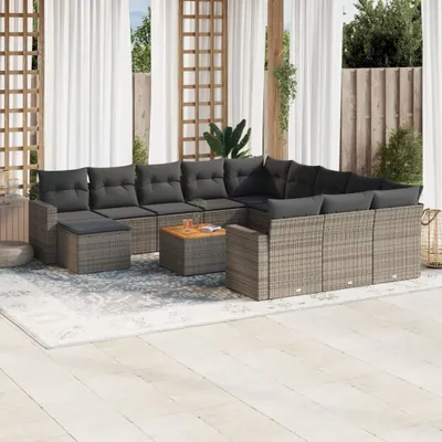Produktbild von Design 13-tlg. Garten-Sofagarnitur mit Kissen Grau Poly Rattan, Gartenmöbel-Sets 2024 Neu