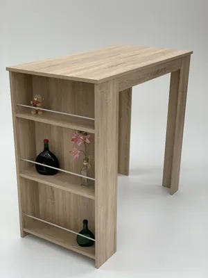 A light wood-tone standing table with shelves on the side, displayed against a white background.