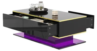 Image de Table basse, bande lumineuse LED USB, 3 tiroirs, noir et doré
