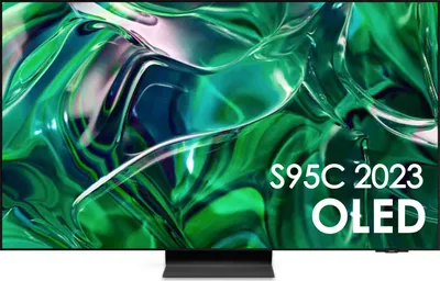 A television screen displaying a vibrant, abstract green image with text overlay.