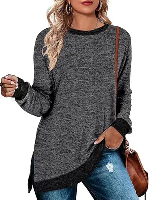 Produktbild von ASKSA Damen Langarmshirt Rundhals Einfarbiges Blusen Freizeit Langarm Lose Tunika Pullover, Dunkelgrau, XL