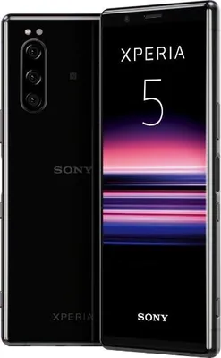 A black Sony Xperia 5 smartphone is shown from two angles: the back and the front screen.