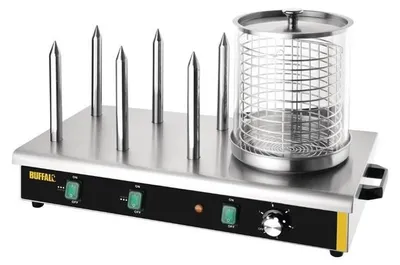 Immagine prodotto di Griglia per hot dog Buffalo con 6 elementi riscaldanti – apparecchio in acciaio inox con sistema a bagnomaria, 750 W