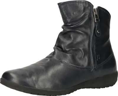 A single blue leather boot is shown against a white background.