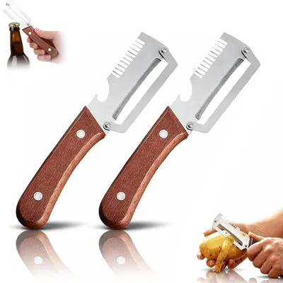 Productafbeelding van Multifunctionele groenteschiller - 3-in-1: groenteschiller met julienne-rasp en flessenopener - roestvrij staal en hout - 2 stuks