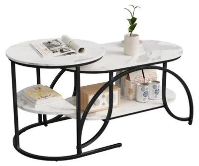 Produktbild von Couchtisch 2er Set, runder und ovaler Beistelltisch mit Stauraum, Marmoroptik, Metallrahmen, Wohnzimmertisch, Satztische, Sofatisch, Kaffeetisch, Weiß & Schwarz