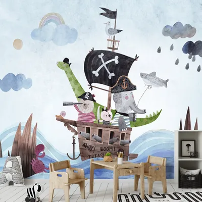 Produktbild von Vlies Fototapete für Kinder 400x280 cm Tapeten Wandtapete XXL Tiere Piraten Meer Schiff e-C-10003-a-a
