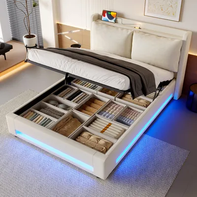Image de LVHOM Lit tapissier 140x200cm avec LED et veilleuse, lit double avec sommier à lattes et USB, lit boxspring hydraulique avec espace de rangement, lit adolescent velours,Beige