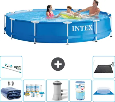 Obrázok produktu pre Bazén Intex s okrúhlym rámom - 366 x 76 cm - modrý - obsahuje markízu - balík na údržbu - filtračné čerpadlo pre bazén - filter - podložka - vysávač