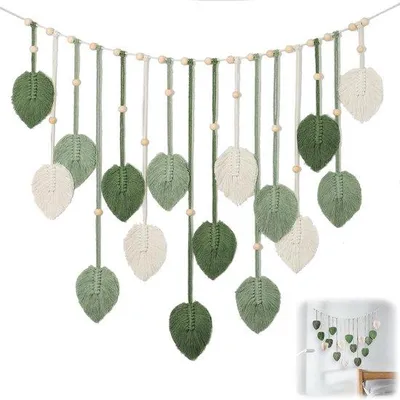 Image de Tapis mural "Boho" Ibzoa® de 120 x 75 cm, en coton, fabriqué à la main avec des perles et des feuilles en bois, décoration murale pour salon, chambre ou extérieur