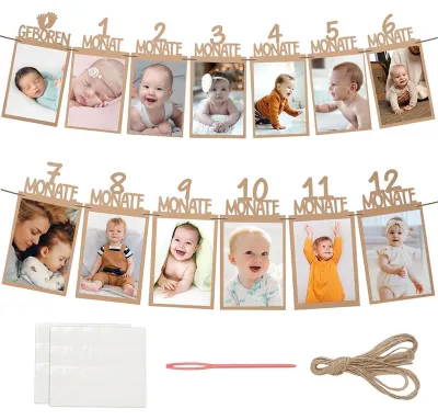 Produktbild von Fotogirlande für 12 Monate - Zur Dokumentation der Babyentwicklung - Wanddekoration für Feiern - Braun