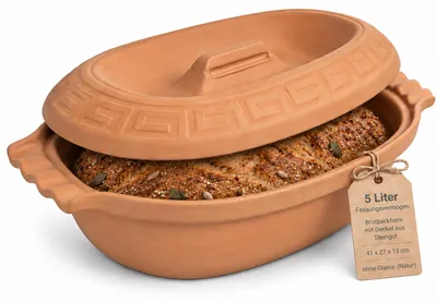 Produktbild von KERAZO 5 Liter ovale Brotbackform mit Deckel aus Steingut, 41x27x13 cm, Bräter, Auflaufform, Gratinform, Schmortopf, Brottopf, ohne Glasur