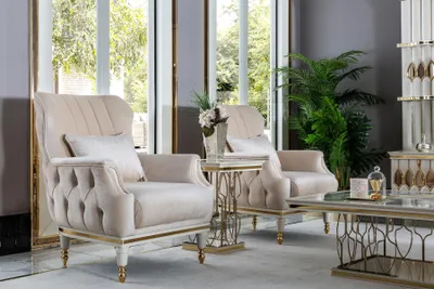 Immagine prodotto di Poltrona beige, elegante, rivestita in tessuto, modello Chesterfield, moderna, per soggiorno