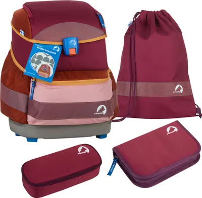 A set of school supplies including a backpack, a drawstring bag, and two pencil cases, all in coordinating colors.