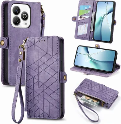Produktbild von Für ZTE Blade A75 4G Geometric Design Kunstleder Zipper Book Wallet Tasche mit Schlaufe Lila